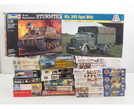 A group of unbuilt plastic military vehicle and figure kits in various scales by AIRFIX, REVELL, ITALERI  and others - unchec