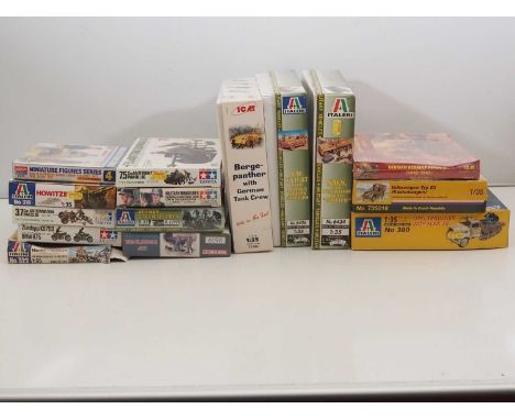 A group of unbuilt plastic military vehicle and figure kits in various scales by ITALERI, TAMIYA, DRAGON and others - uncheck