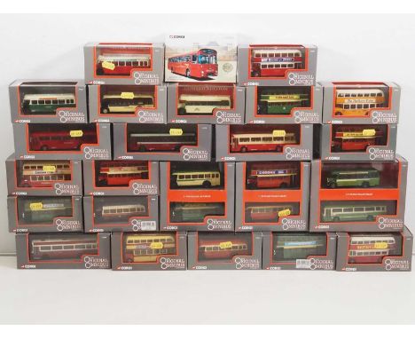 A group of CORGI OOC 1:76 scale diecast buses and trolleybus in mixed liveries - VG in G/VG boxes (24)