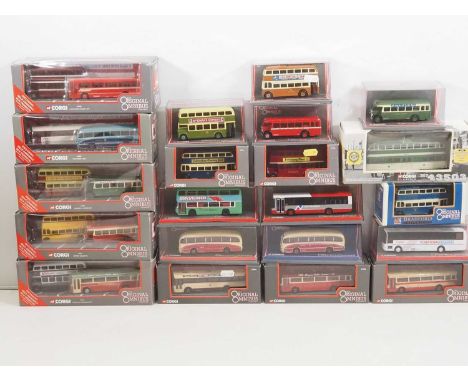 A group of CORGI OOC 1:76 scale diecast buses, trolleybuses, coaches and tram in mixed liveries to include 5x twin packs - VG