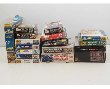 A group of unbuilt plastic military vehicle and figure kits in various scales by ITALERI, REVELL, MAX and others - unchecked 