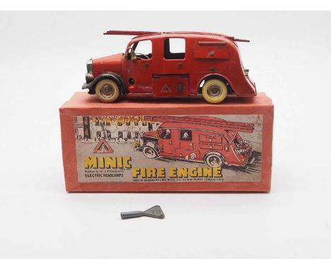 A TRIANG MINIC 62ME pre-war tinplate clockwork fire engine fitted with battery operated headlights - G in G box