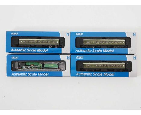 A group of DAPOL N gauge model railway rolling stock comprising: a Schools Class steam locomotive 'Malvern' and a group of Ma