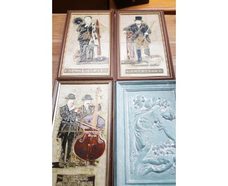 Chimney sweep, game keeper &amp; street musician framed tiles (Maws gift ware hand majolica painting) &amp; 1 other 