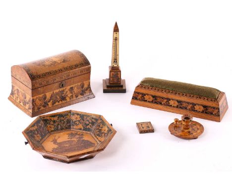 A small collection of 19th century Tunbridge ware, comprising a dome topped tea caddy, 19.5cm, a desk thermometer, 19.5cm, an