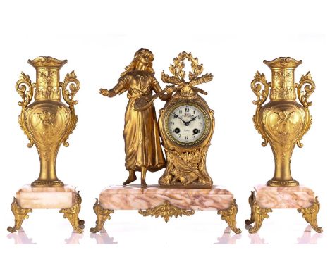 An early 20th-century three-piece gilt metal and marble clock garniture by A. Villon (Albert), the clock with a country maide