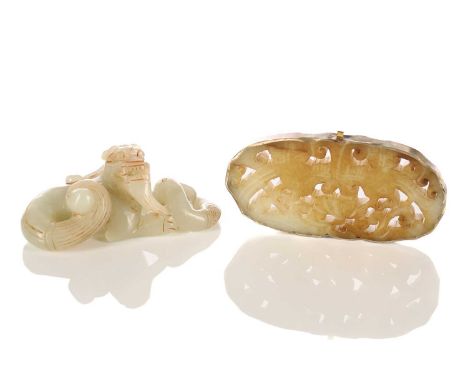 A Chinese jade pixue and snake group, 8.5cm; and a large jade pendant in metal mount, 9cm diaBoth with no obvious faults.