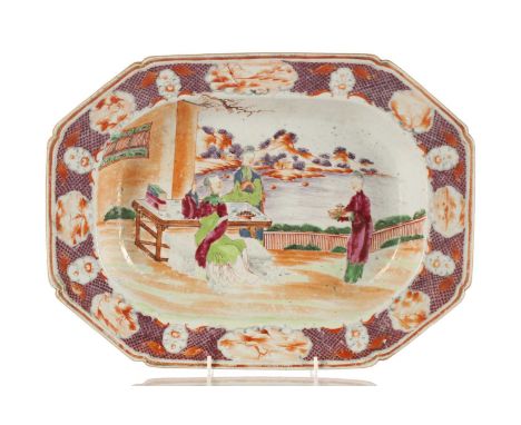 A Chinese Famille Rose porcelain canted rectangular basin, 18th century Qianlong, painted with figures within a river shore s