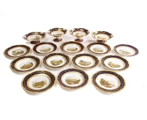 A 19th century English porcelain dessert service, comprising twelve plates, two tall comports and two low comports, each with