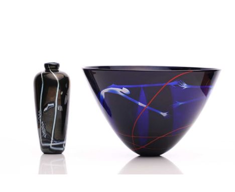 A Scottish art glass bowl designed by Morag Gordon, the dee sided blue glass body with etched sinuous figures, engraved artis