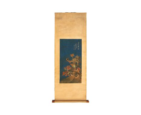 A Chinese scroll painting on silk, painted with quail and spider chrysanthemums, signed Shou Ping, image 85cm x 42cmPaint wor