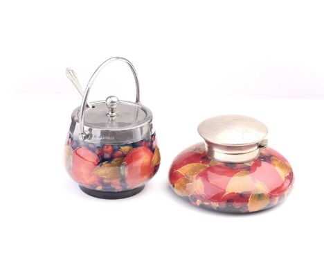 A Moorcroft Pomegranate pattern inkwell, of squat form with plated mounts, 11.3 cm diameter at the base x 6.5 cm high, togeth