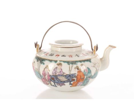 A Chinese famille rose teapot, Qing, early 20th century, the cover painted with trees and mountains, the body painted with fi