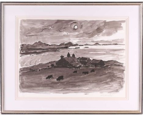 Sir Kyffin Williams KBE RA (1918-2006) Welsh, a signed limited edition print, monochrome landscape with cattle grazing before