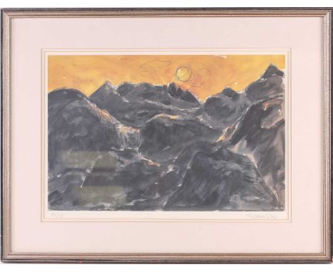 Sir Kyffin Williams KBE RA (1918-2006) Welsh, a limited edition signed print, sunset over Snowdonia, numbered 54/75, pencil s