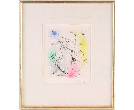 Joan Miro (1893-1983) Spanish, 'Feuilles Éparses' 1965, etching aquatint in colours, 20 cm x 17 cm with margins, framed and g