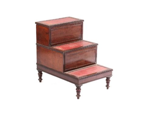 A George IV / William IV mahogany three tread step commode with sliding night cupboard section each tread with inset tooled l
