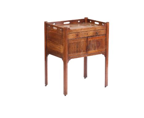 A George IV figured rosewood tray topped pedestal wash stand with pierced gallery above a single frieze drawer above a two-do