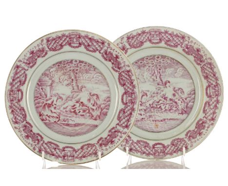 A pair of Chinese allegorical plates, Qianlong, 18th century, painted in puce enamel with a nude lady and two attendants, bef