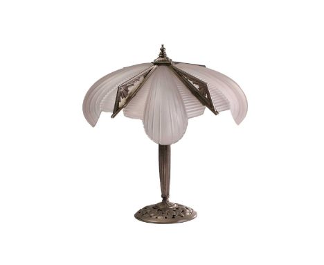 An Art Deco frosted glass and pewter effect table lamp with moulded and frosted lobed shade with pierced supports on a ventra