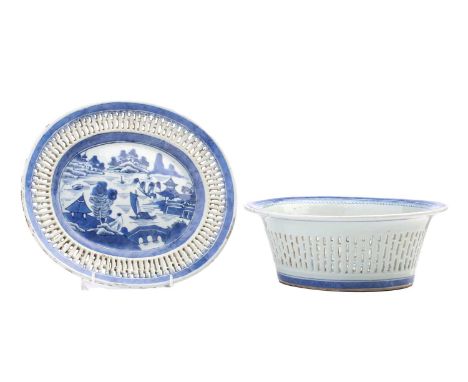 A Chinese export blue &amp; white chestnut basket and stand, Qing, late 18th century, painted with watery landscapes with bui