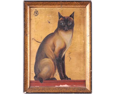 Jacques Lehman Nam (1881-1974) French, portrait of a seated Siamese cat, gold leaf and paint on panel, 17.2 cm x 12 cm in a f
