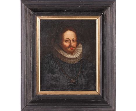 19th century Continental school, a head and shoulders portrait of a gentleman in Elizabethan dress, oil on board, 26 cm x 20 