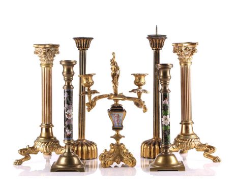 Three pairs of decorative candlesticks, 19th century and later, to include a pair of cloisonne examples, 24.5 cm high, togeth
