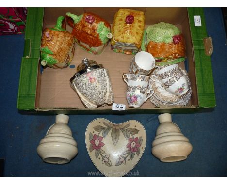 A quantity of china including two Crown Ducal Art Deco pottery jugs pattern 238, Port Dubarry tea set, Wade heath pottery cot