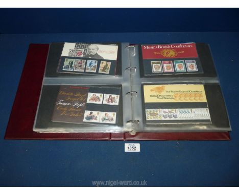 An album of First day covers including British motorcars, British cathedrals, sports rackets, police, London landmarks, Conco