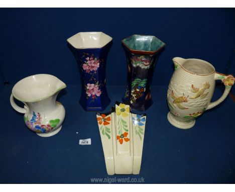 Two hexagonal vases including Corona ware and Denby, Aynsley, Longton, two jugs including Ivory ware and Price Bros, and a wa