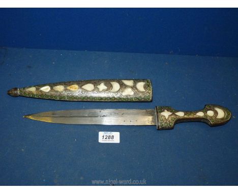 A vintage Yemen Jambiya Turkish dagger, silver and brass, inlaid with Mother of pearl inlay (some damage), 17" long (15 1/2" 