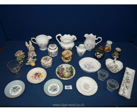 A quantity of small items including Shelley 'Wild Anemone' jug, Aynsley, Palissy, Poole, pin dishes, pots, etc plus rabbit an