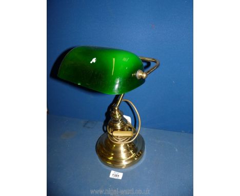 A Bankers lamp with brass effect base and green shade (chip to shade) 15 1/2" tall.