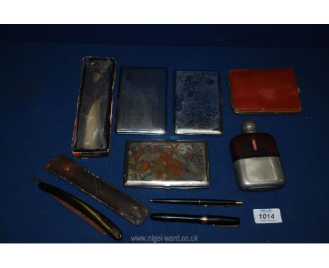 Three metal cigarette cases, cut throat razor, hip flask, boxed nut cracker, Waterman fountain pen, etc.