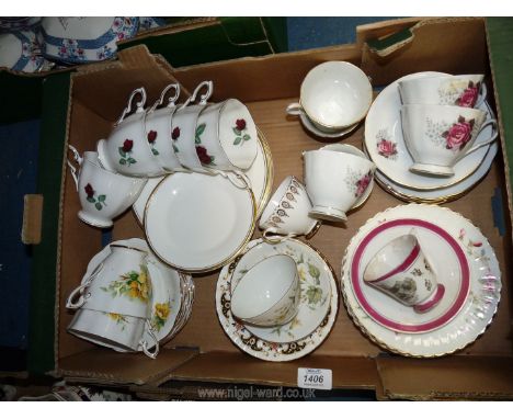 A quantity of part tea set, cups saucers, etc including Royal Standard 'Wild Rose' and 'Red Velvet' cups, Royal Doulton 'Gold