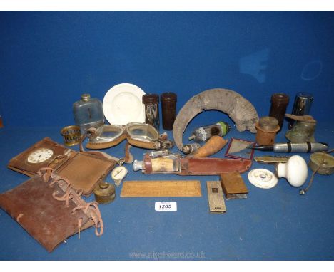 A quantity of miscellaneous to include radio valves, hip flask, sheath knife, brass bell, and motorbike goggles, etc.