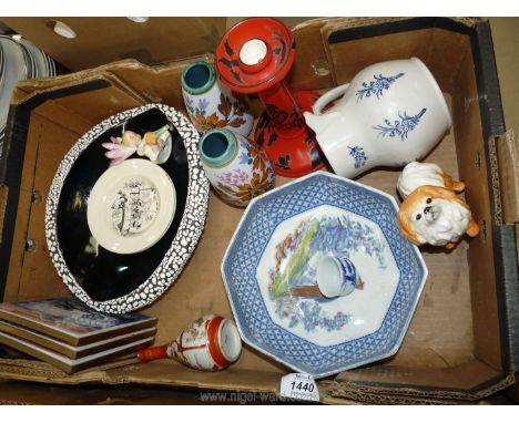 A quantity of china including a pair of Gouda vases, Bursleyware oriental candlestick, studio pottery Austrian bowl, Coronawa