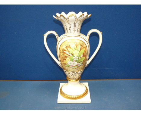 A cream ground Royal Creamware hand painted vase by F. Clarke (ex Royal Worcester painted/worker.), 12 1/4'' tall.