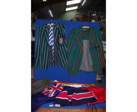 Two striped blazers, one green and white striped from Pritchards and Sons, Hereford, one green, brown, and gold striped with 