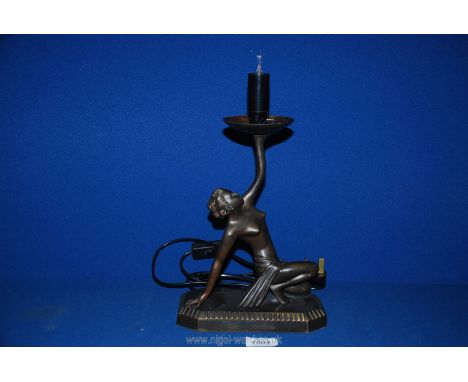 An Art Deco style nude woman metal lamp (no shade) 14" tall x 8" wide.