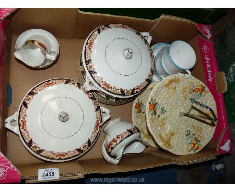 A small quantity of dinner ware by Bristol Pearl Burslem made for Lawleys including lidded dishes, jug, plates, a Barbola cak