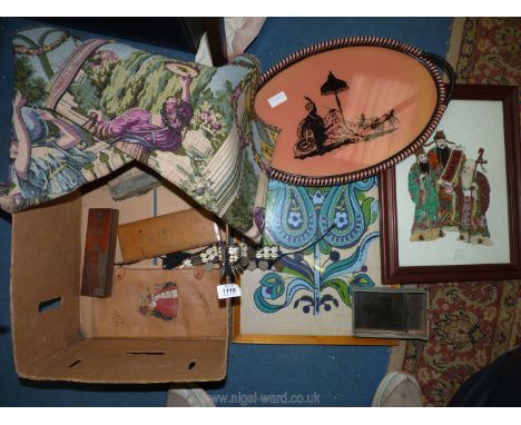 A quantity of miscellaneous including a copper printing block, felt collage picture, leather 'ties and collars' holder, tapes