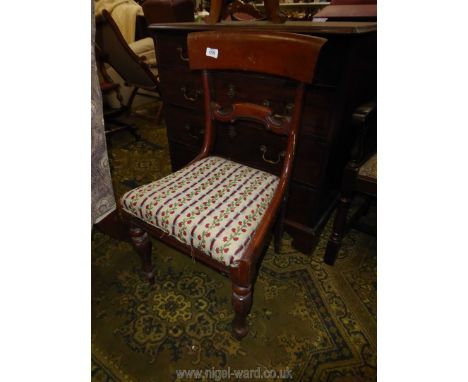 A 19th century Mahogany framed side Chair having turned and faceted front legs,  the seat upholstered with tapestry with stri