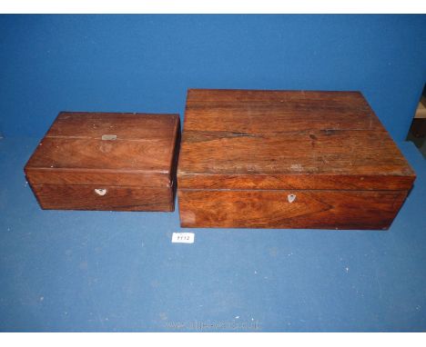 Two wooden boxes both missing interior shelf, both having mother of pearl inlay to keyhole, 10 x 7½" x 4" and 15" x 11" x 5".