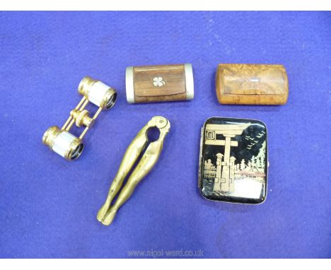 A vintage pair of mother of pearl opera glasses marked Altex Paris, a 1920's art deco Japanese lacquered cigarette case, a c.