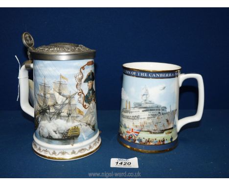 A vintage Royal Doulton tankard;  Falklands War, Return of The Canberra No. 515 and a Royal Worcester tankard with pewter lid