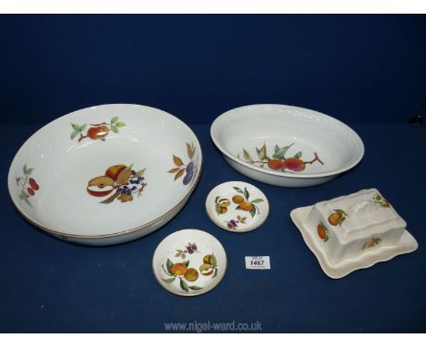 A large circular Royal Worcester 'Evesham' bowl, two Royal Worcester 'Arden' pin trays, serving dish and butter dish in simil