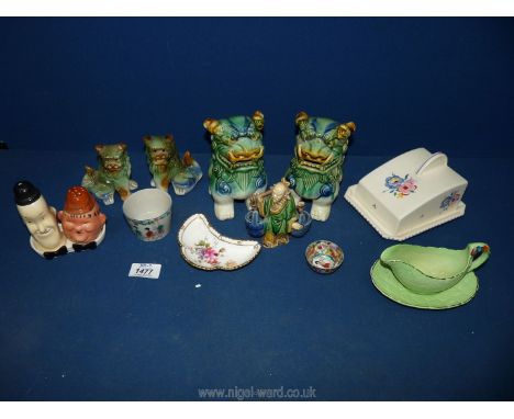 A quantity of china to include two pairs of Dogs of Fo, a water carrier figure, Poole cheese dish, Crown Devon sauce boat and