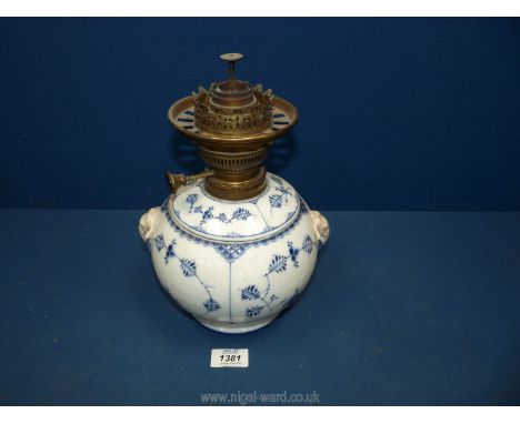 A blue and white Danish "blue onion" porcelain lidded Pot converted to an oil lamp, with elephant head detail, no chimney or 
